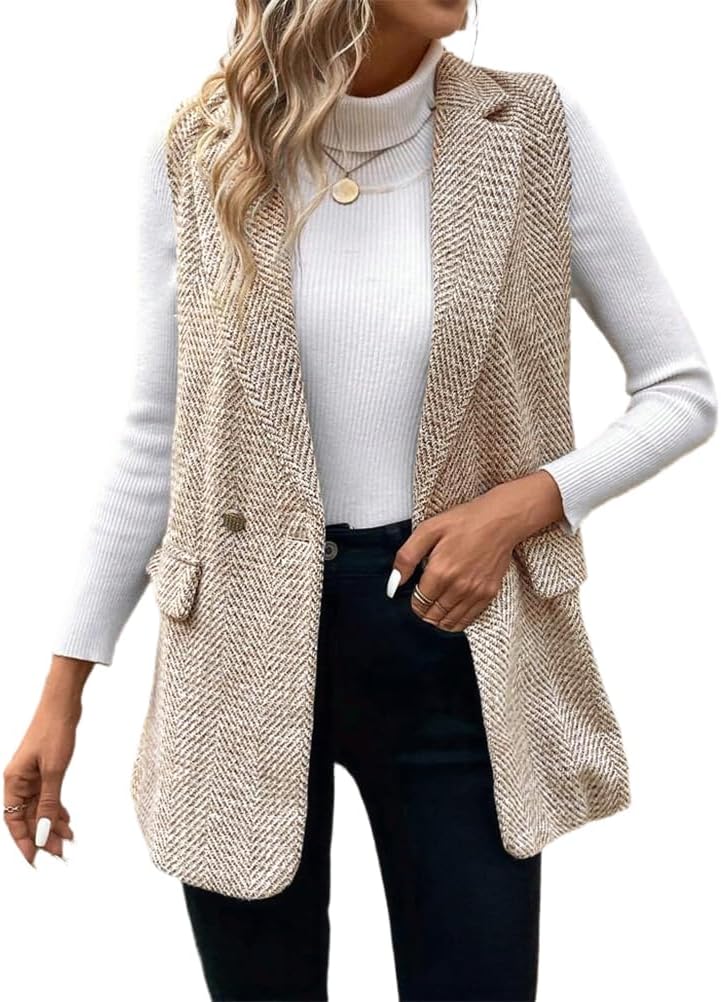 IDEALSANXUN Womens Herringbone Print Vest Fall Winter Double Breasted Sleeveless Blazer Jackets