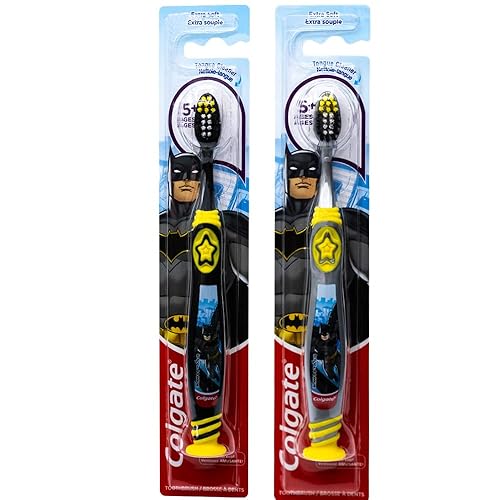Colgate Batman - Cepillo de dientes para niños con ventosa, niños de 5 años en adelante, extra suave (los colores varían), paquete de 2