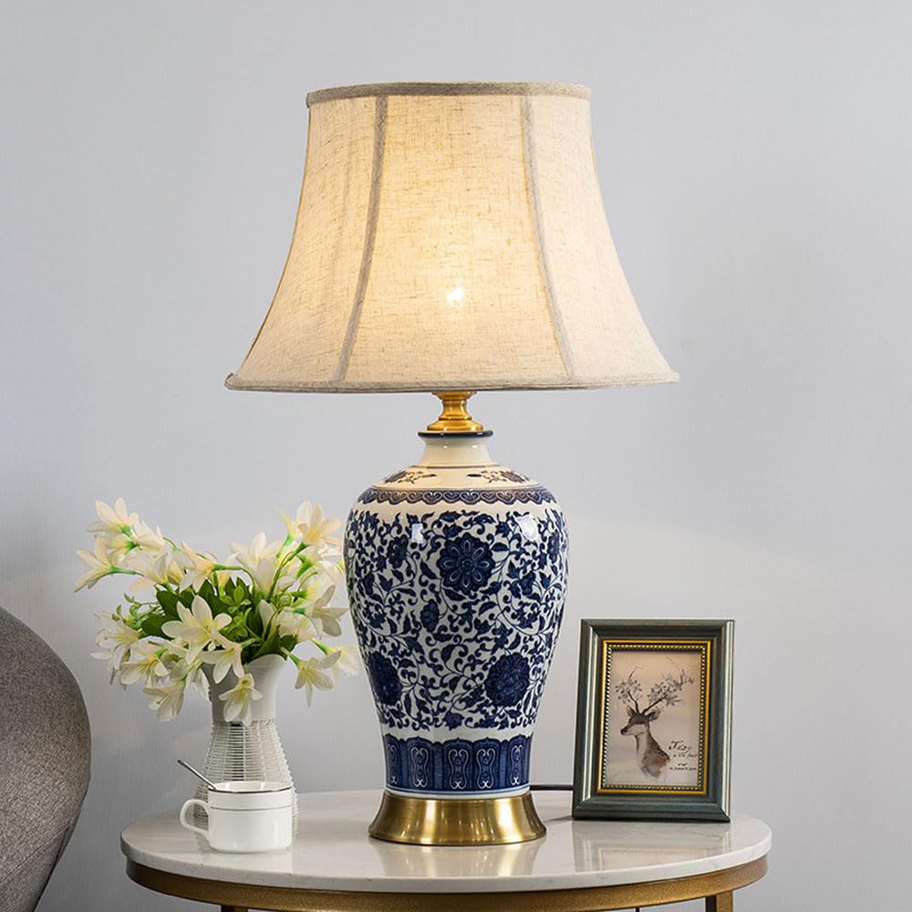 SGKOMN 26" Chinoiserie Ceramic Table Lamp Traditional Bedside Desk Nightstand Lamp Blue And White Porcelain Desk Lamp For Bedroom Living Room Office College Bookcase