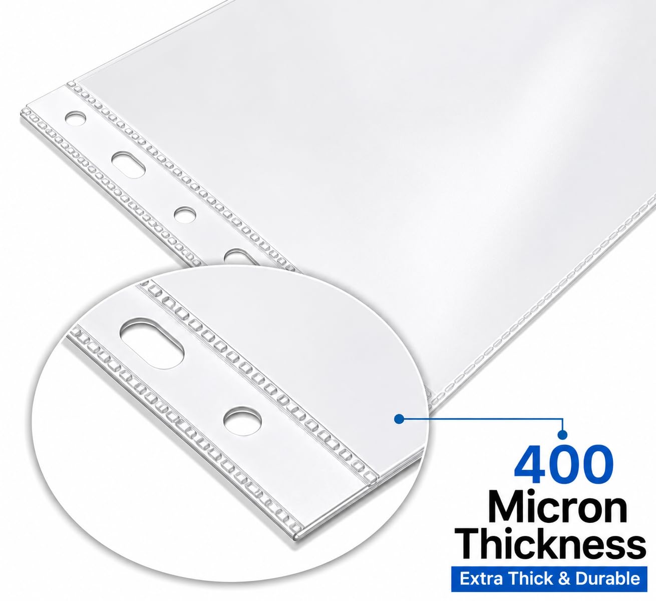 Appropriate™ A4 Size Transparent Document Sleeves, 100 Pcs, Heavy Duty Clear Sheet Protectors, 400 Microns, Plastic Leaf, Waterproof, 11-Hole Punched for Ring Binders & Files, Office & School Use 1