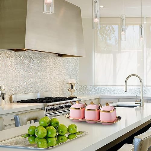 Miniatura 6 de Fvstar Juego de 3 recipientes de cerámica para condimentos de porcelana, cuencos decorativos de sal dorada, cajas de pimienta, tarros de especias de