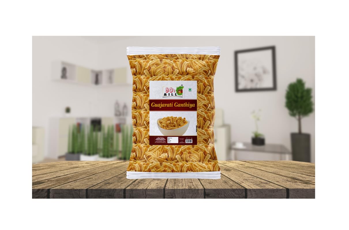 90's MILL Authentic BESAN GATHIYA AJWAIN BESAN STICKS | GUJARATI FARSAN | INDIAN SNACKS | HOMEMADE AND READY TO EAT | FARSAN NAMKEEN | NO PRESERVATIVE-850g*4Pack 4