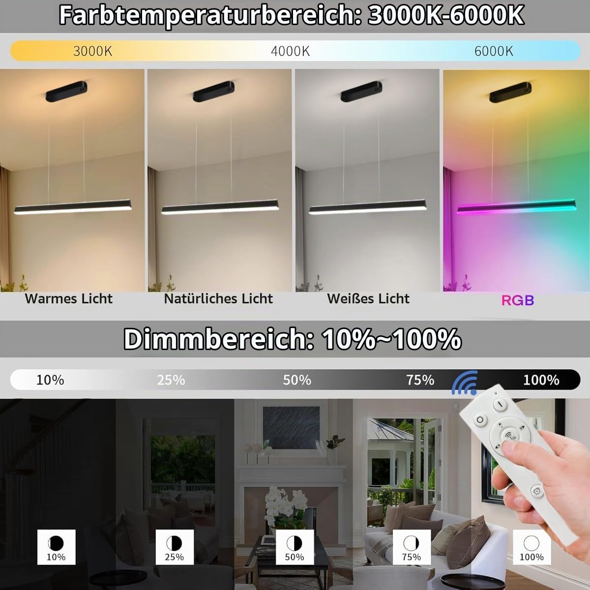 Pendelleuchte Esstisch RGB Dimmbar 120cm Schwarz Lineare Hängelampe mit Fernbedienung & App-Steuerung Höhenverstellbar Modern Design Esstisch Lampen Hängend für Großes Esszimmer Küche Wohnzimmer