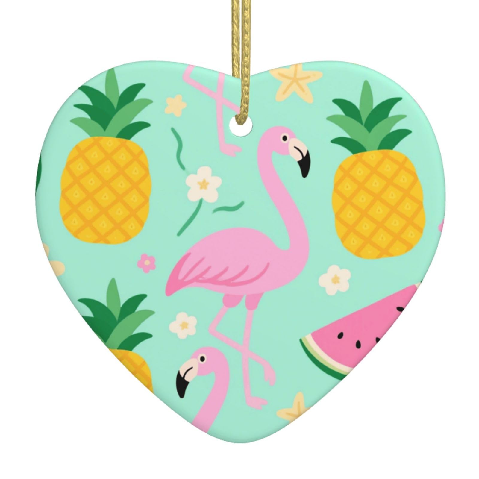 Pineapple Watermelon Flamingo Christmas Ornament 2025 Heart Ceramic Hanging Ornaments for Home Decor Christmas Decorations with Gold Rope Double-Sided Xmas Tree Ceramic Hanging for Holiday Party