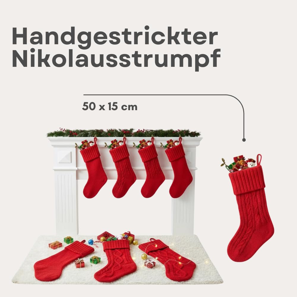 Strong Magnets Handgestrickter Nikolausstrumpf – 50 cm – Rot, Weiß und Grün – Hochwertiger Weihnachtsstrumpf – Traditionelles Design + Gratis Pinboard Magnet