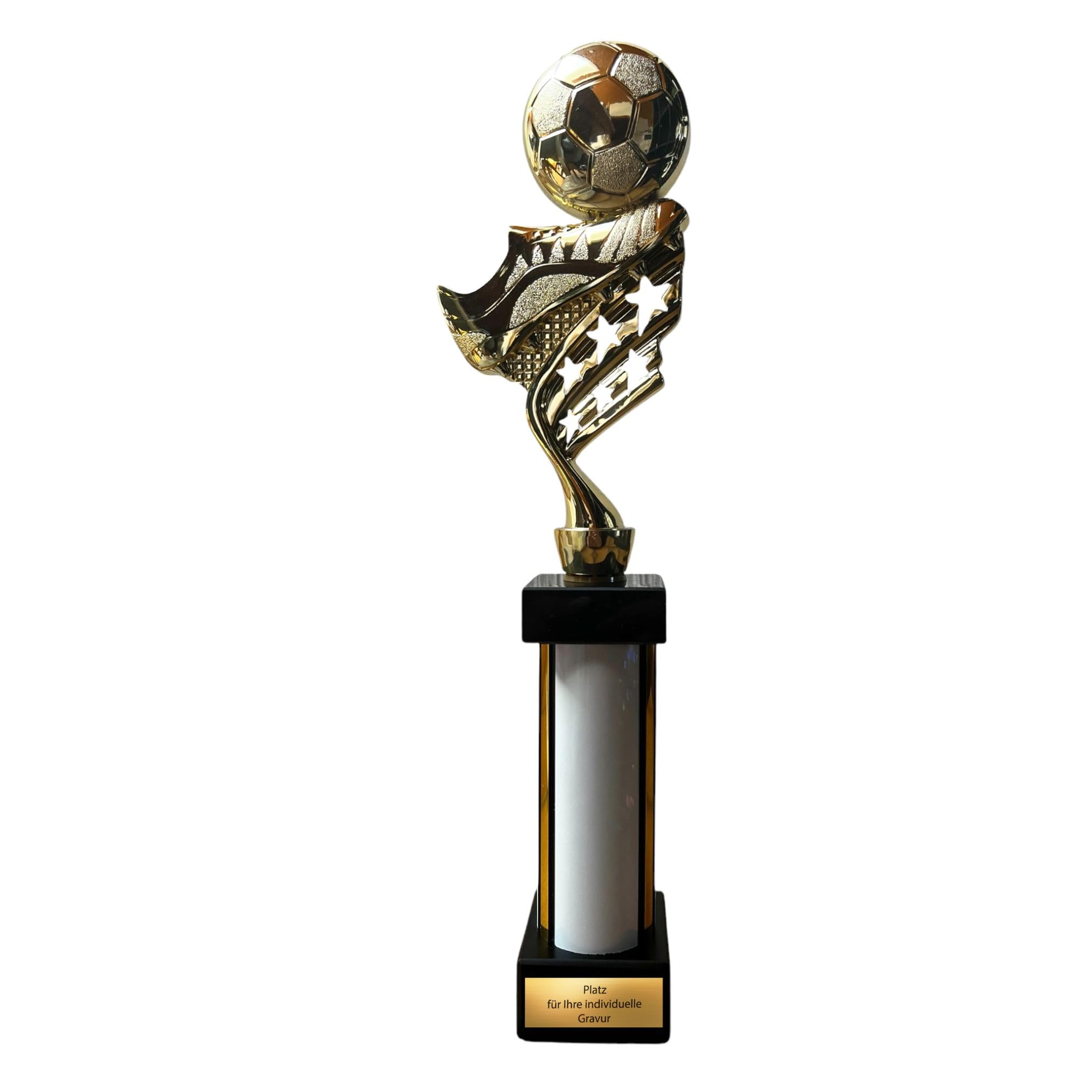 eberix · Fußball Pokal · mit Wunschgravur · Trophäe mit weißer Glanzsäule inkl. Gravur · Siegerpokal für Fußballturnier, Vereinsmeisterschaft, Jugendfußball · personalisierbar ·