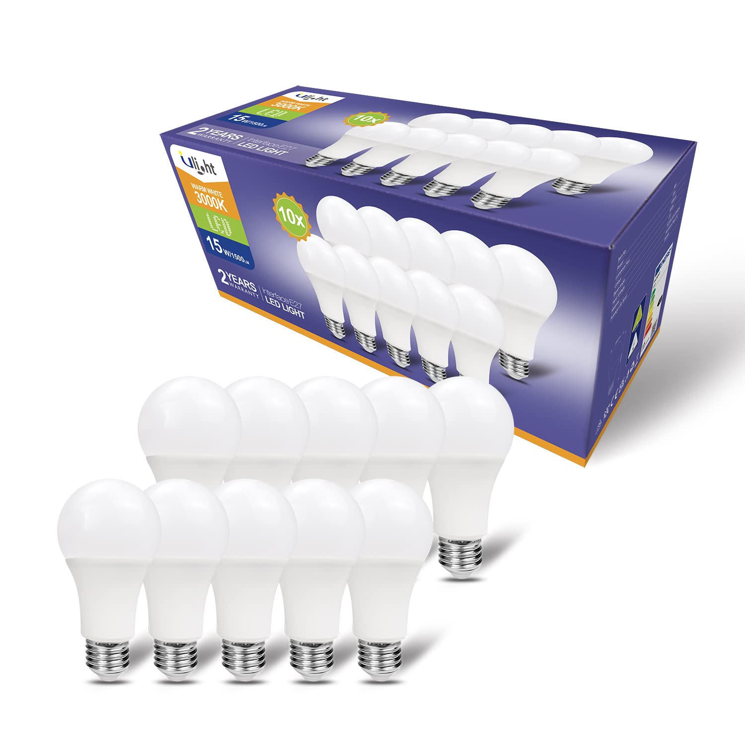ULIGHT E27 Screw Bulb, 15W 1500 lm, E27 LED Lights Bulbs, 120 Watts Equivalent, 3000K Warm White, A65 Energy Saving Lamp Bulb, Pack of 10