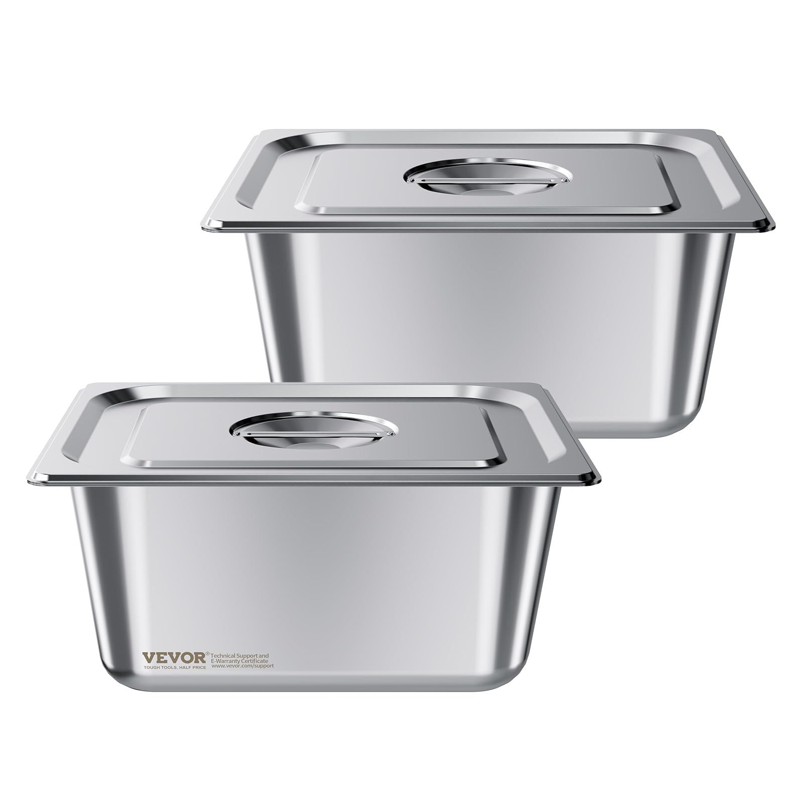 VEVOR Recipiente Gastronorm Reutilizable para Hotel 1/2 Tamaño, Paquete de 2, 9 L, Bandeja de Empanado de Acero Inoxidable con Tapa para Bufé de Fiestas, 325 x 265 x 149 mm, -4 °C a 260 °C, Plata