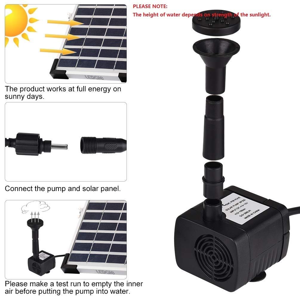 Bomba Agua Panel Energía Solar 5W Solar Bombas para Fuentes, Bomba de Agua Solar Monocristalino Bomba Agua con 8 boquillas Para estanques pequeños, piscinas, acuarios, baños de aves, jardines, 380L/H