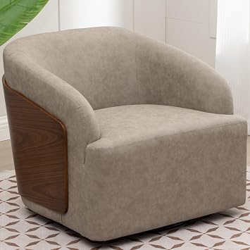 Swivel Accent Chair Faux Leather Boucle Swivel Barrel Chair Comfortable Mid Century Modern Chair Upholstered Metal Base Armchair for Living Room Bedroom Office Large Vintage Gray