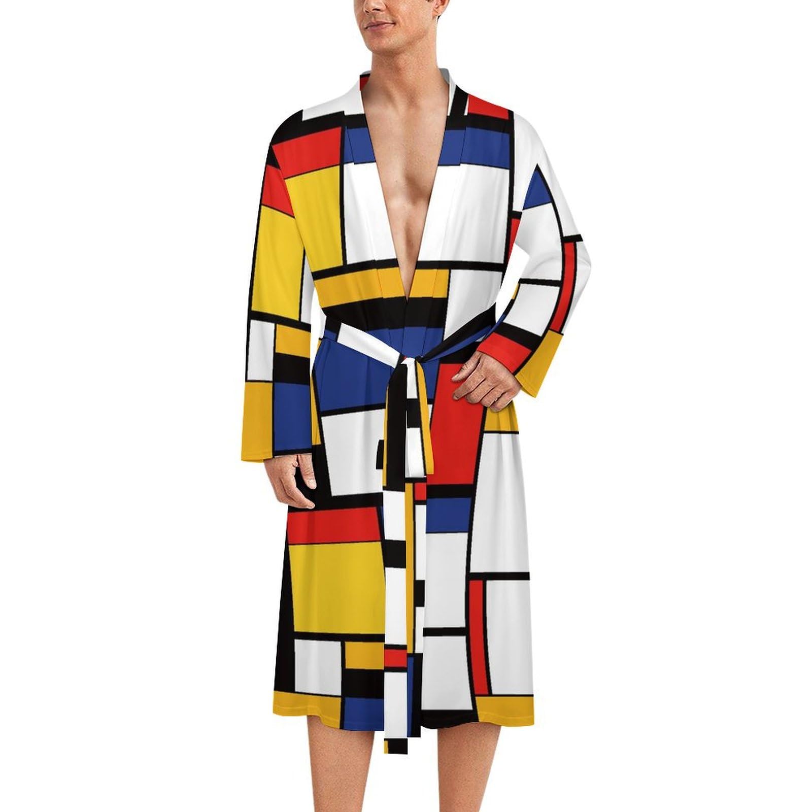Fwjzdsp Unisex As Pic Mondrian Style Mens Summer Robes Lightweight Bathrobe Bath Robe Knee Length Shawl Collar Loungewear