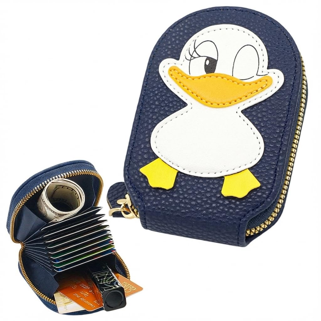 Cute Duck Card Holder – 13 Compartment Mini PU Leather Wallet for Kids & Women, Compact Zipper Pouch for Cards & Cash, Small Travel-Friendly Purse (NavyBlue)