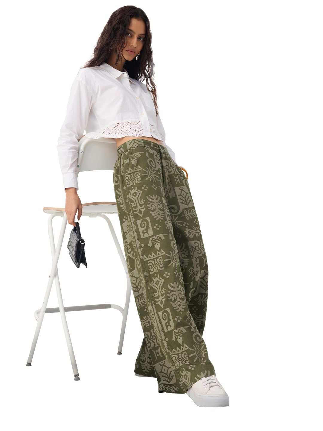 The Souled Store Nomad: Aztec Women and Girls Buttoned Waistband Olive Green Geometric Printed Cotton Relaxed Fit Lightweight Bohemian Casual Wide Leg Fit Pants in green