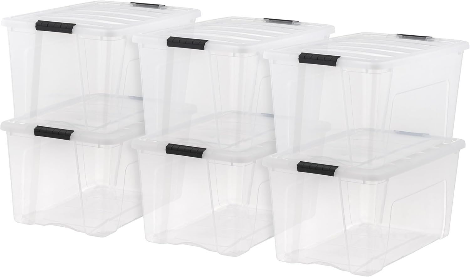 IRIS USA 72 Qt Stackable Plastic Storage Bins with Lids, 6 Pack - BPA-Free, Made in USA - See-Through Organizing Solution, Latches, Durable Nestable Containers, Secure Pull Handle - Clear Clear 72 Qt 6 Pack