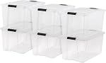 IRIS USA 68 L Bacs de rangement en plastique empilable avec lids, paquet de 6 - Sans BPA, fabriqué en USA - Voir-Grâce à la solution d'organisation, Latchs, Conteneurs durables, Poignée de traction sécurisée - Effacer