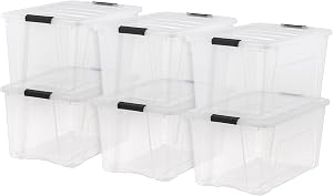 IRIS USA 68 L Stackable Plastic Storage Bins with Lids, 6 Pack - BPA-Free, Made in USA - See-Through Organizing Solution, Latches, Durable Nestable Containers, Secure Pull Handle - Clear