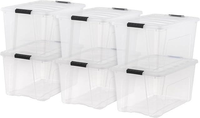 IRIS USA 68 L Bacs de rangement en plastique empilable avec lids, paquet de 6 - Sans BPA, fabriqué en USA - Voir-Grâce à la solution d'organisation, Latchs, Conteneurs durables, Poignée de traction sécurisée - Effacer
