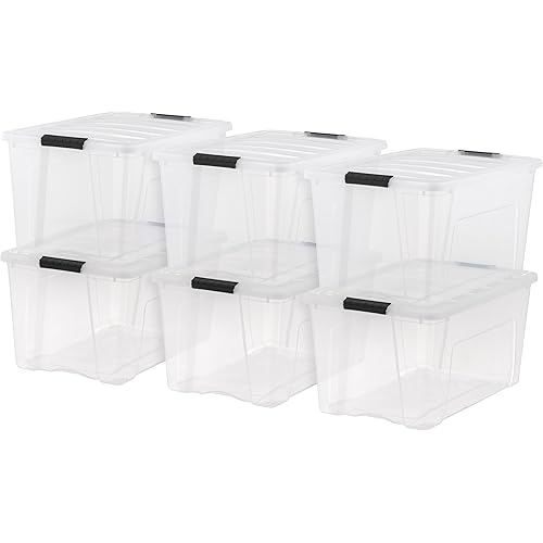 IRIS USA 72 Qt Stackable Plastic Storage Bins with Lids, 6 Pack - BPA-Free, Made in USA - See-Through Organizing Solution, Latches, Durable Nestable Containers, Secure Pull Handle - Clear
