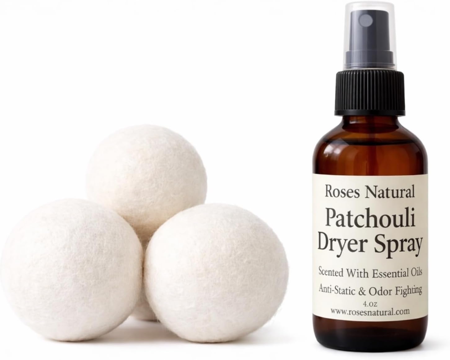 Wool Dryer Balls & Dryer Spray Bundle – 3 Reusable Dryer Balls + Plant-Based Essential Oil Dryer Spray, Natural Fabric Freshener, Anti-Static & Odor Fighting (Patchouli)