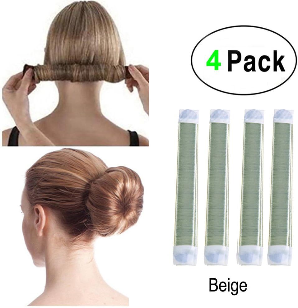 Super Simple Hair Bun Maker Set - 4pcs Women Girls Kids Easy Hair Styling Accessories Magic DIY Twist Donut Bun Makers Tool Blonde Snap Bun Shaper Ponytail Holder Perfect for School Work Daily Life Yoga Dancing Running Wedding Birthday Party, Duty-Heavy, Easy to Use, Colors in Black, Beige, Brown, Dark brown, Coffee, Light coffee, 12-month Worry-free Warranty(Bun-Maker-4pcs-Beige)