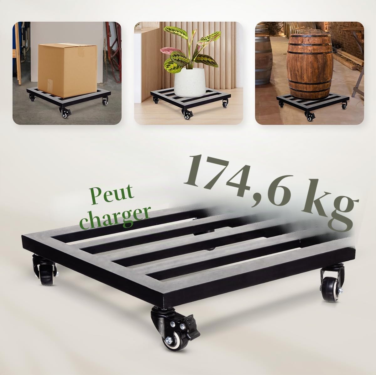 IDZO Upgrade Wheels – Panier à plantes carré en métal robuste d'une capacité de 174,6 kg, 30,5 cm, noir