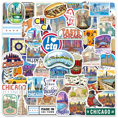 CKXTYNG Chicago Stickers 200 PCS, Chicago Travel Sticker Pack with 100 Designs, Waterproof Vinyl Decals for Laptops Water Bottles Scrapbooks Luggage Travel Journals