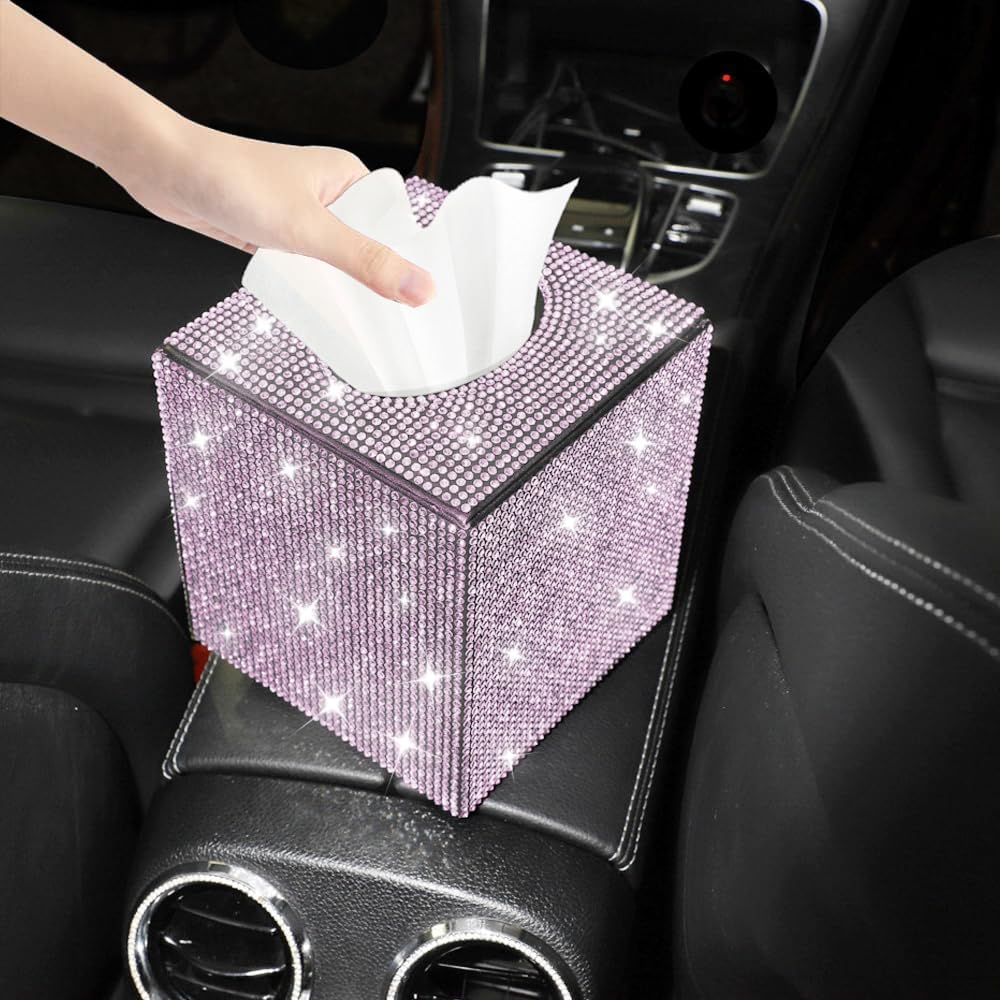Bling Crystal Rhinestone Rectangular Tissue Box Cover - Sparkling Facial Napkin Dispenser Holder for Car Home Office for Women or Men (Pink)