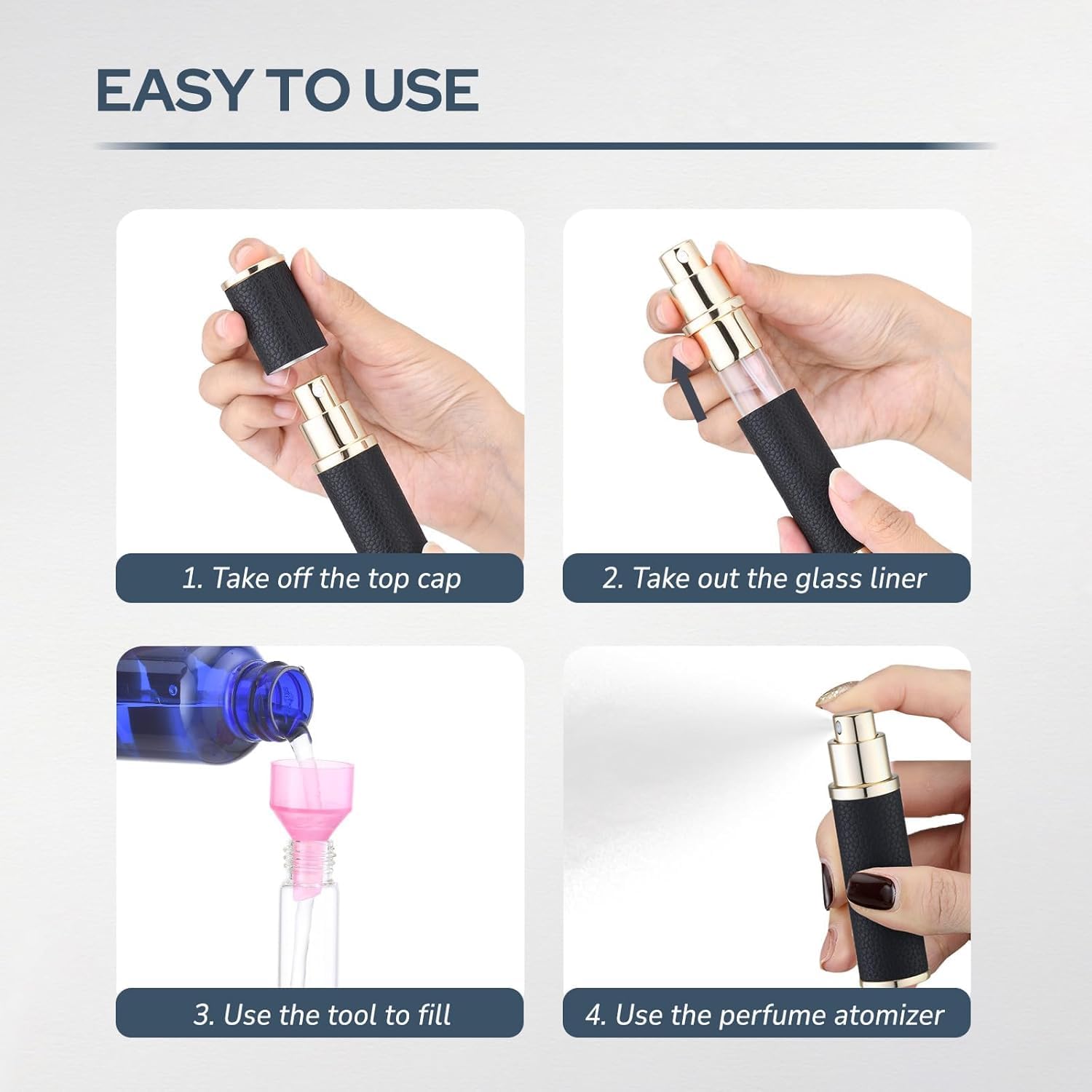 Fusupak Bouteille de parfum de voyage rechargeable – Mini pulvérisateur portable en cuir pour eau de Cologne – Distributeur de parfum vide de petite taille, marron, 10 milliliters