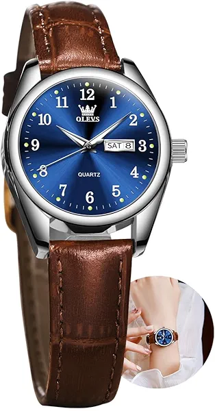 OLEVS Womens Leather Watch, Brown Womens Watches Leather Band Waterproof Analog Dainty Womens Ladies Watch for Small Wrists, Easy Read Luxury Dress Watches for Women Arabic Numbers White/Blue/Black