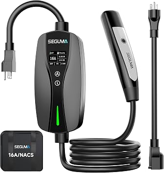 SEGUMA Level 1/2 Tesla Charger, 6-16A NACS EV Charger with NEMA 5-15 Plug | ETL Certified, 25FT UL Listed Cable, Dual Voltage 120V/240V Charging, NEMA 5-15 Adapter & 6-20 Plug, 6-16A Adjustable Current
