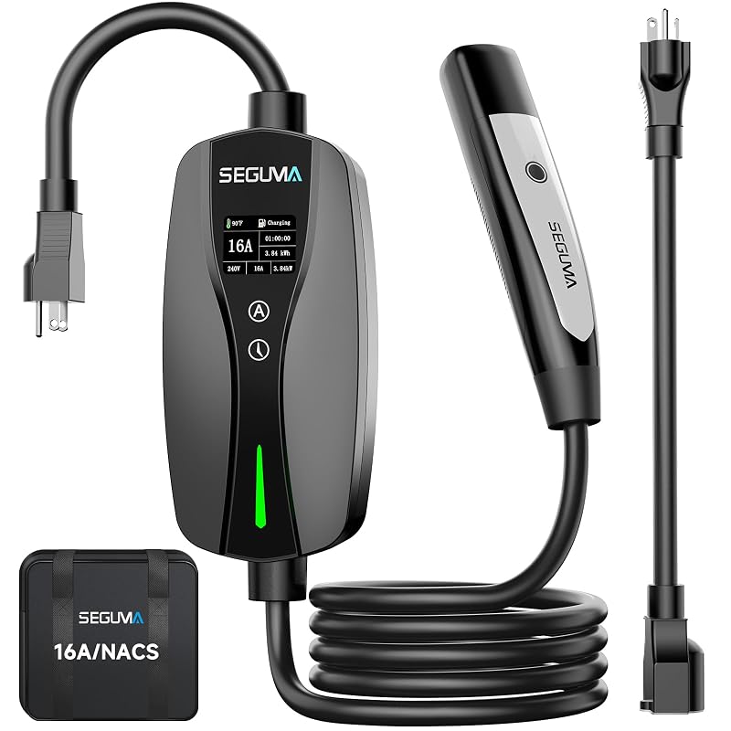 Carregador portátil para veículo elétrico SEGUMA NACS SAE J3400, Nível 1 e 2, 6–16 A, bivolt 120/240 V, plugue NEMA 5-15, EV-ACS1608T