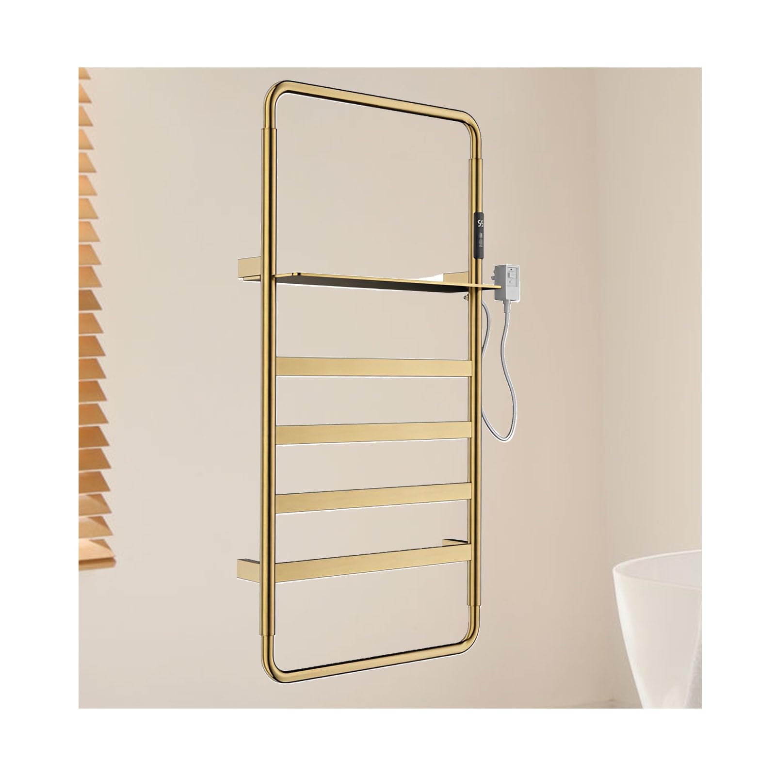 asdchZen Brushed,Hard Wired,S For Bathroom With Top Shelf,Wall Mounted Heated Drying Rack,Temperature Adjustments Heated Towel Rack With Timer-Brushed Gold-Hard Wired,Brushed Gold-Right wire