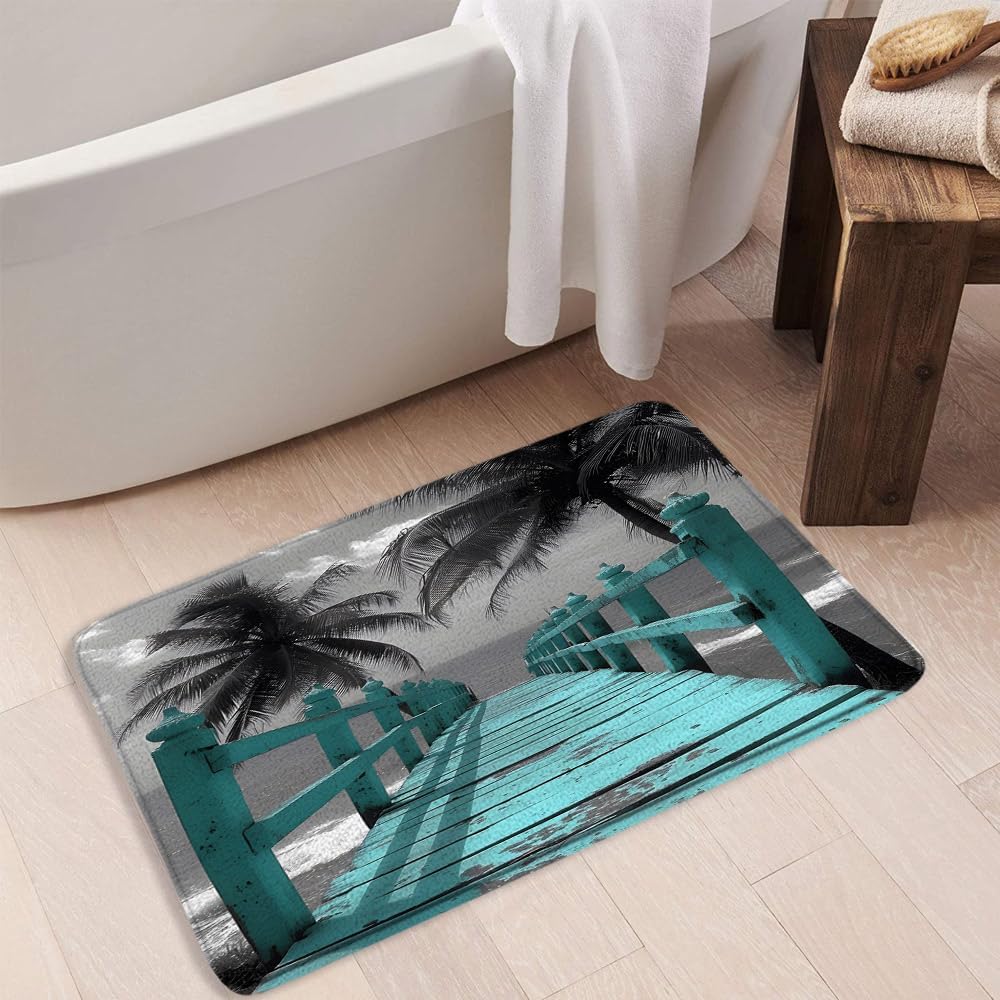 Amazon.com: GURMQIK Coastal Beach Bath Mat Black White Palm Tree Teal ...
