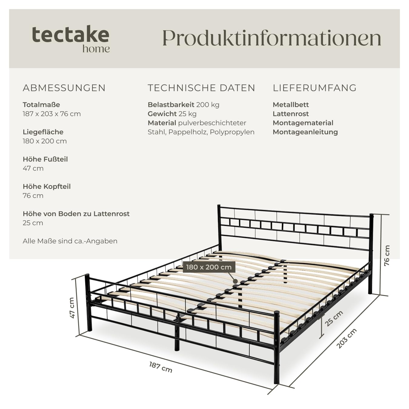 tectake® Metallbett, Bettgestell mit Lattenrost, Einzelbett, Doppelbett aus Metall, Bettrahmen mit Kopfteil Bett für Schlafzimmer, Gästezimmer, Gästebett, Jugendzimmer - 200 x 180 cm, schwarz
