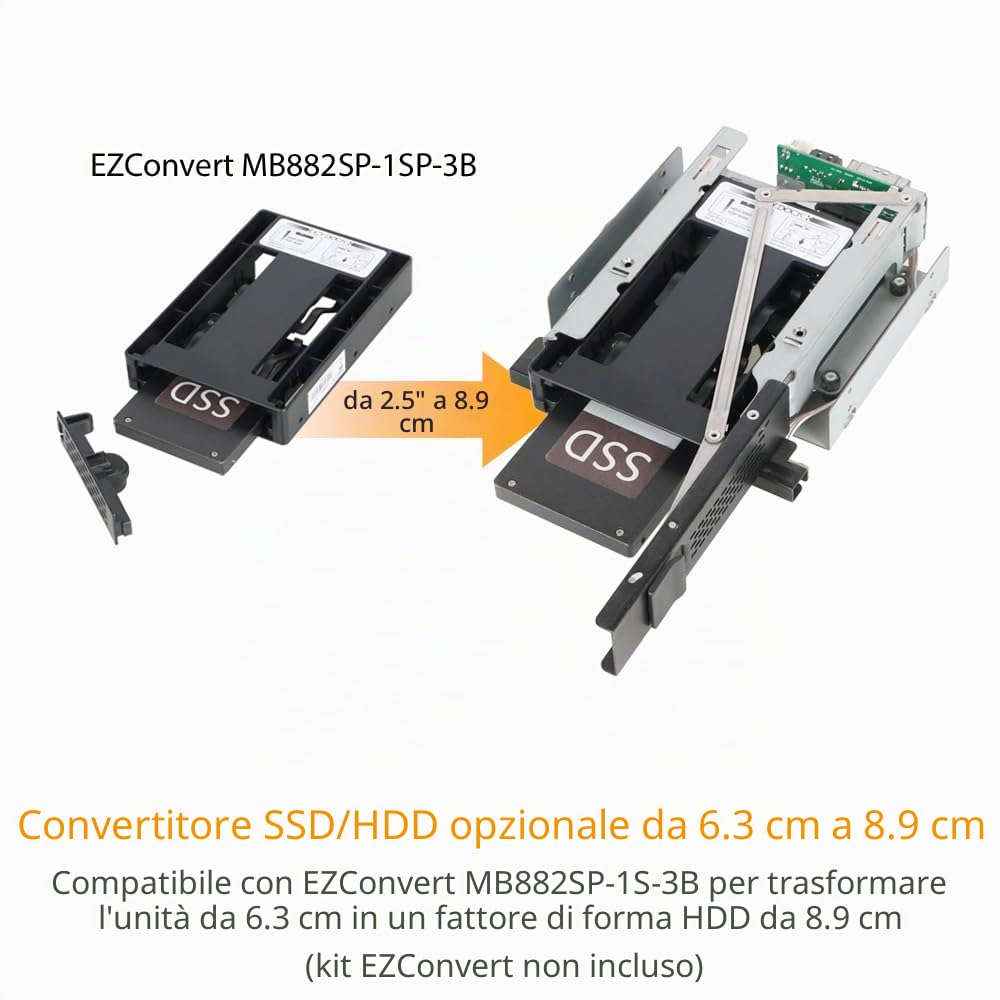 ICY DOCK Rack rimovibile Hot swap enclosure Hot swap per dischi rigidi SAS/SATA da 3,5" senza vassoio per 5,25 alloggiamenti - TurboSwap MB171SP-1B
