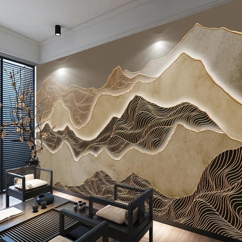 Photo murale 3D style chinois aux lignes d'or et paysage à l'encre rétro en 250x175 cm - 2