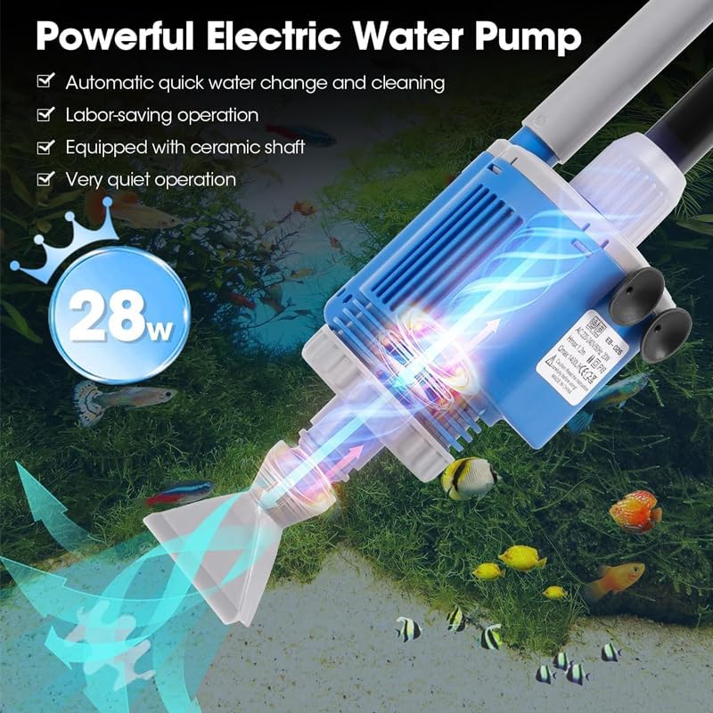 Sakerpluss Electric Aquarium Gravel Cleaner with Filter,Upgraded 6-in-1 Aquarium Gravel Cleaner, Adjustable Flow 2000L/H for Freshwater Saltwater Fish Tanks, Efficient Water Changer