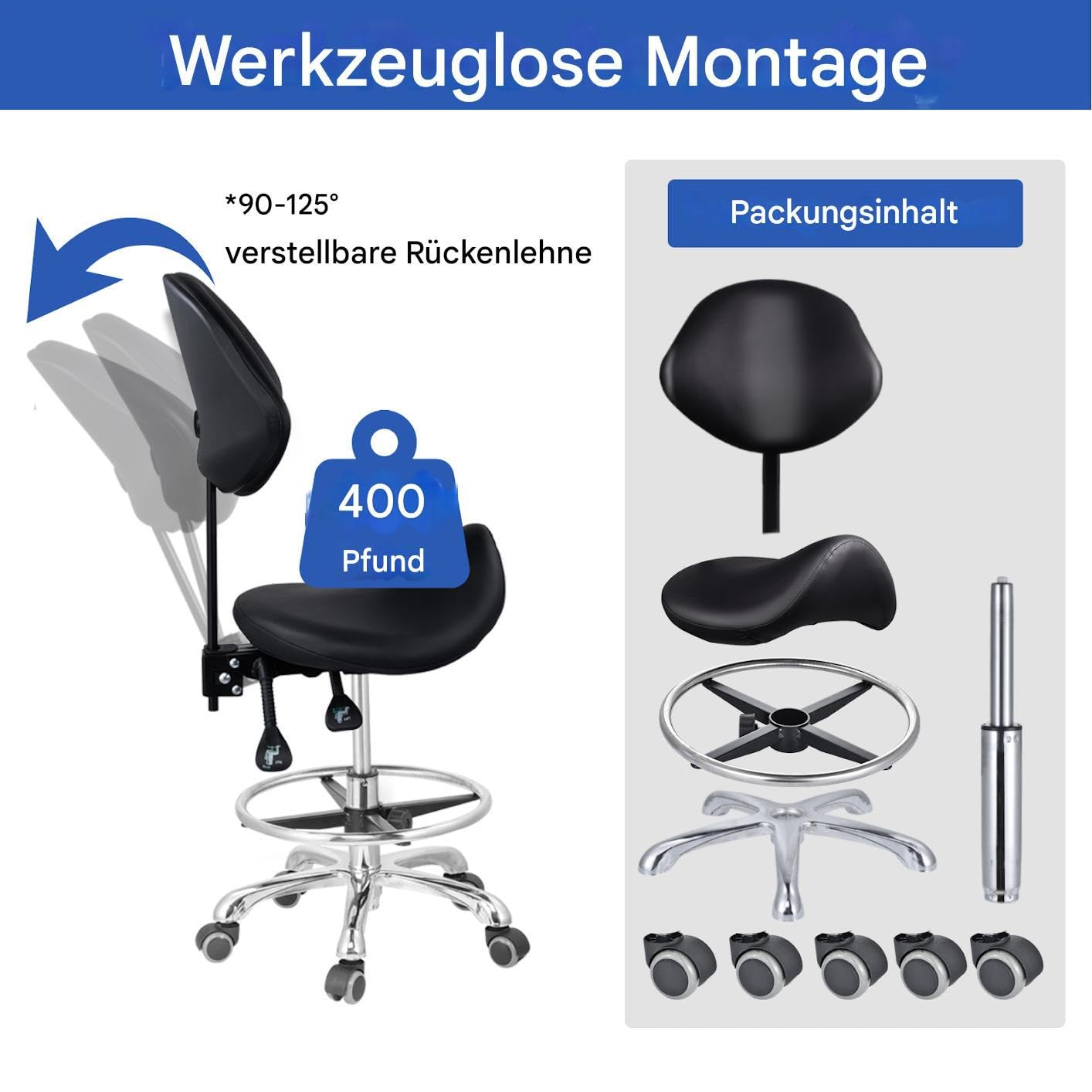 Sattelhocker Mit Rädern, Sattelhocker Mit Fußstütze Und Lehne, Verstellbarer Drehbarer Massagehocker, Tragfähigkeit 200 kg, Für Home-Office Beauty-Clinic Und Salon