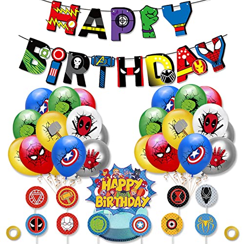 SKEIDO Superhero Birthday Party Decorations Super hero Supplies Superhero Avengers Party Favors with Birthday Banner Welcome Hanger Cake Toppers and Latex Balloons for Kids Boys Girls