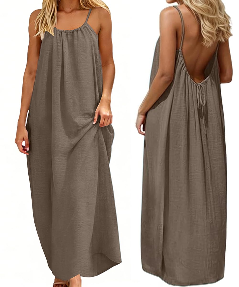 ABINGOO Vestito Estivo Donna Lungo Lino Abito Casual Tinta Unita Senza Maniche Loose Maxi Abiti Senza Schienale con Cordino