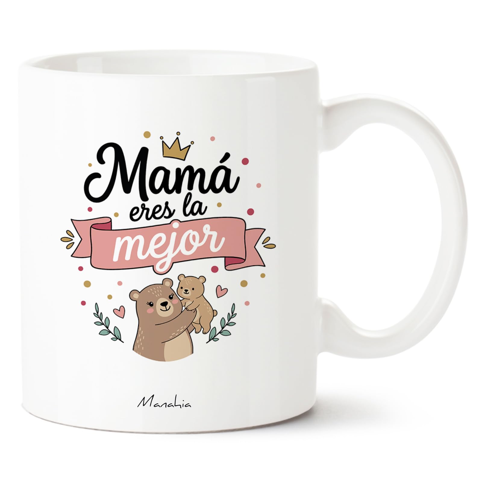Manahia - Taza Mamá Eres la Mejor | Regalo Original Día de la Madre, Cumpleaños, Navidad | Detalle para Mujer con Diseño de Osos y Corona | Incluye Caja Kraft