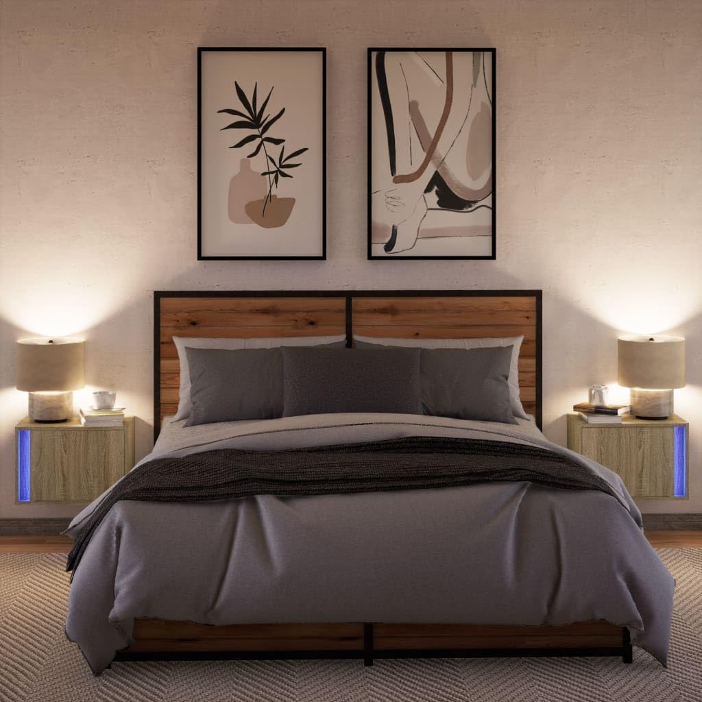 Wandmontierter Nachttisch mit RGB LED Beleuchtung und Schublade - Moderner Nachtitsch aus Holzwerkstoff mit USB-Anschluss und platzsparendem Design fürs Schlafzimmer
