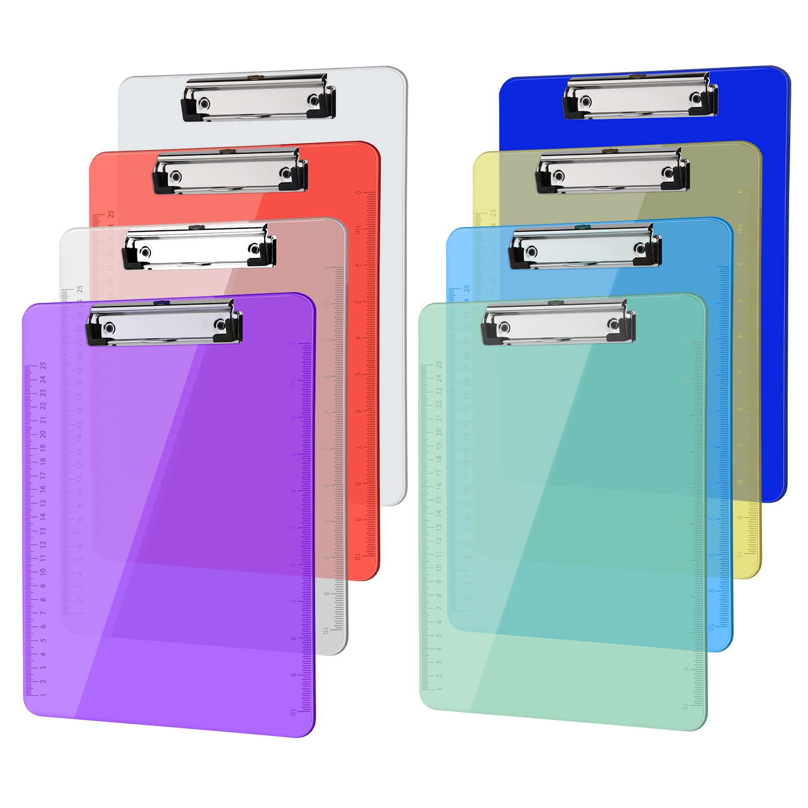 MIAHART 8PCS Plastic Clipboards A4 Letter Size Clipboard Colorful Clear Clip Board with Side Ruler Clipboards Bulk for Nurses Office Classroom Supplies 9x12.5 Inches