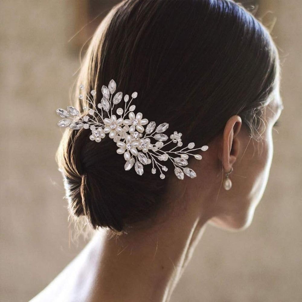 12x7cm Pearl Rhinestone Wedding Hair Clip Bridal Headpiece Hair Accessories,Silver Hair Comb Clip for Women - Image 3