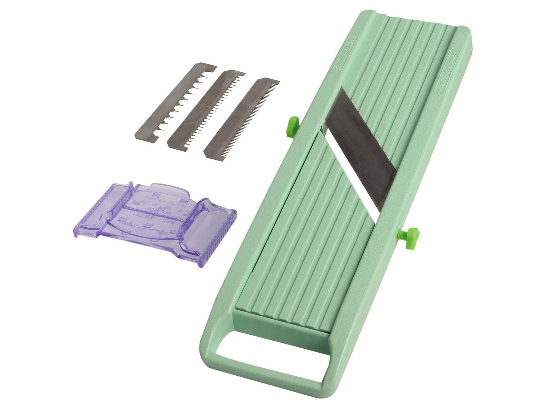 Benriner Mandoline szatkownica do warzyw BN-1 64 mm, zielona, z wymiennymi ostrzami Julienne i ochroną palców - z pojemnikiem na ścinki + rękawicą ochronną