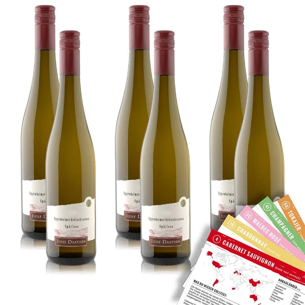J.Drathen Oppenheimer Krötenbrunnen Spätlese QmP, süß, sortenreines Weinpaket + VINOX Winecards (6x0,75l)