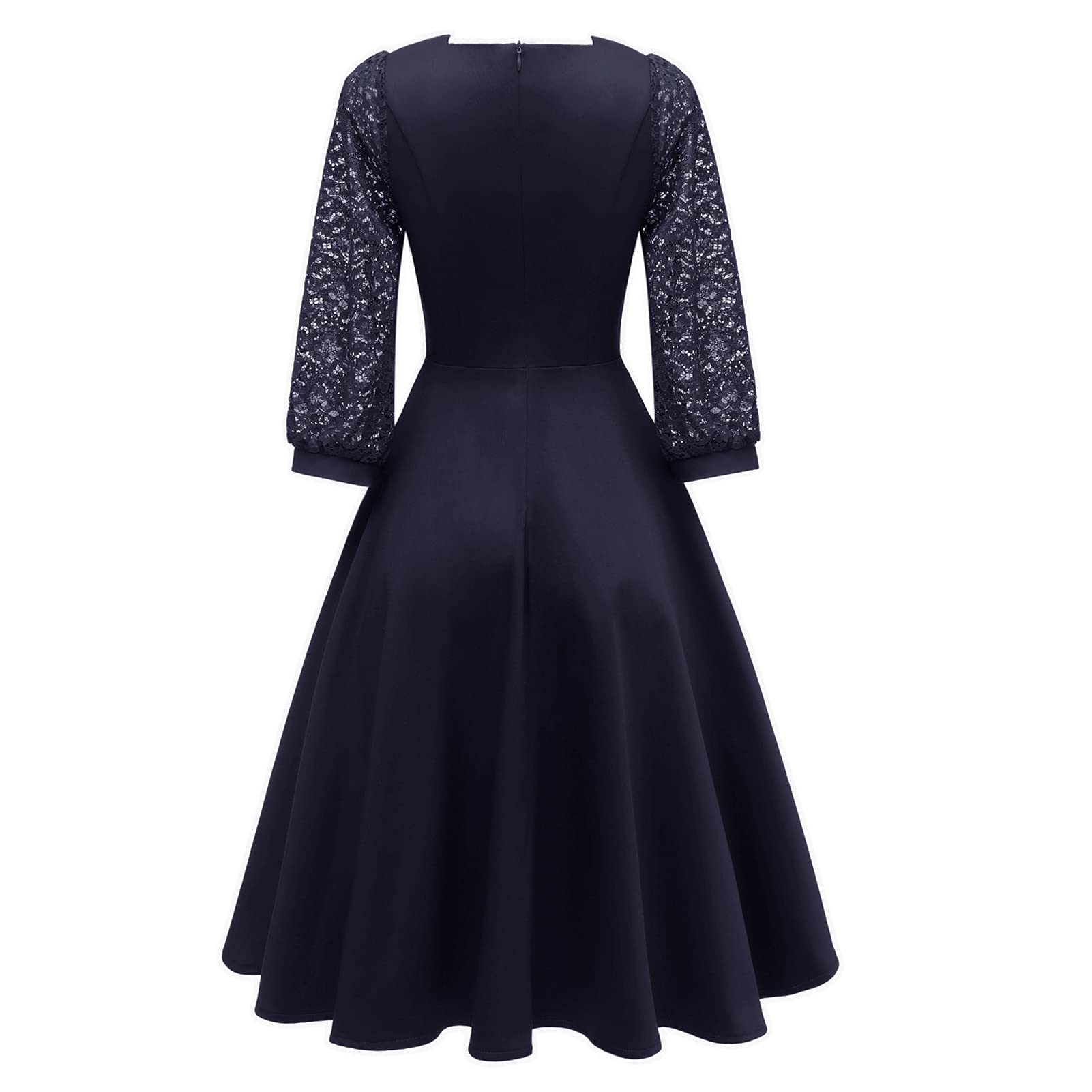 Damen Sexy Spitzenkleid 3/4 Ärmel Hohe Taille Quadratischer Kragen Kleider Casual Party Ballkleid Cocktail Sommer Hochzeitskleid Blau-XL