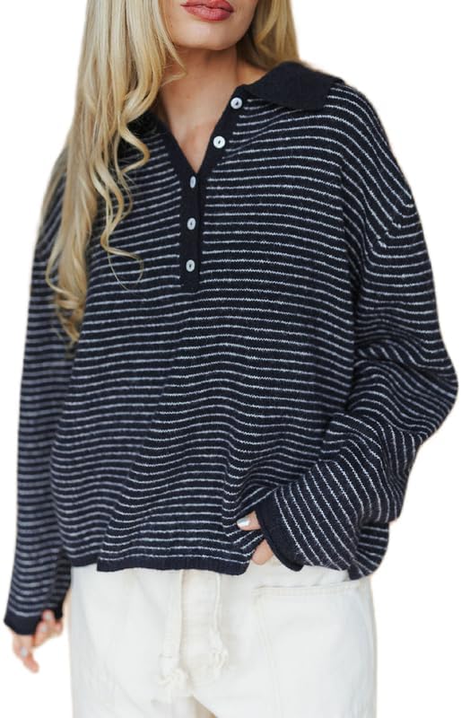 NUFIWI Womens Striped Rugby Polo Shirts Stripes Lapel V Neck Oversized Sweatshirts Y2K Loose Fit Collared Pullover Tunic Tops