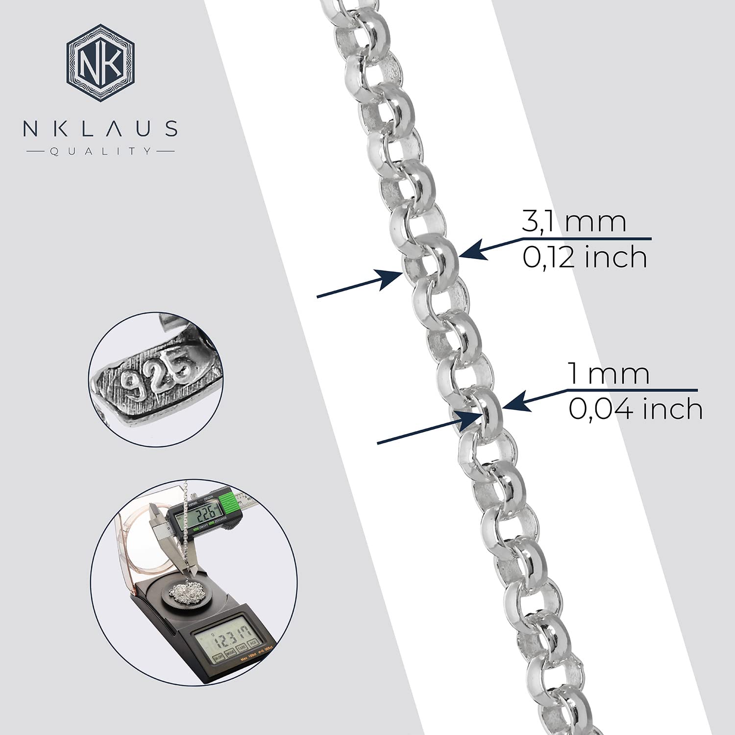 NKlaus Łańcuszek z groszkiem (38 cm - 80 cm) łańcuszek ze srebra wysokiej próby 925 o szerokości 3,1 mm, 70 cm x 3.1 mm, Srebro szterlingowe, Brak kamienia szlachetnego