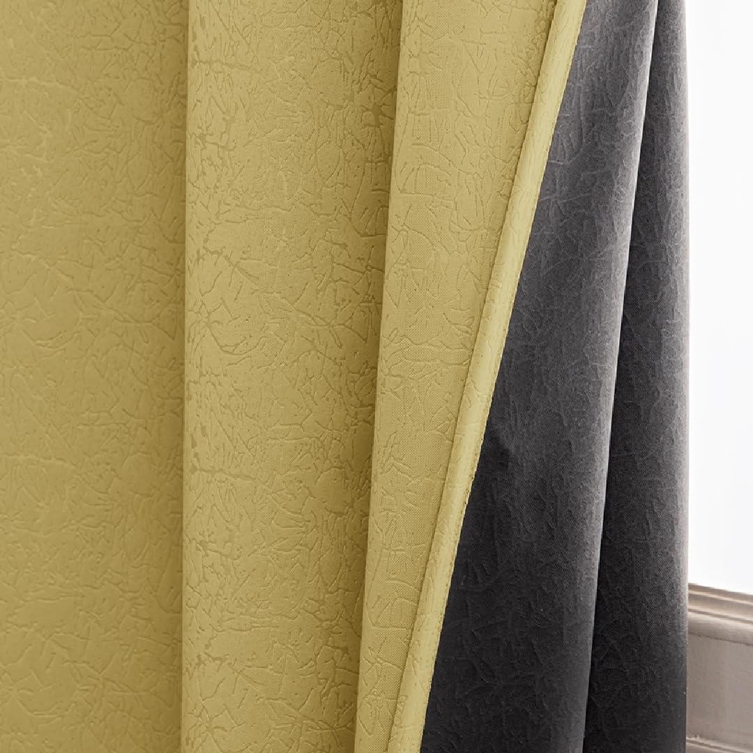 HOMEMONDE 100% True Blackout Curtains 5 Feet Window - Pack of 2 Curtains, Embossed Panels Light Block Thermal Insulated & Noise Reducing Room Darkening Curtains (Golden Beige, 60Inch)